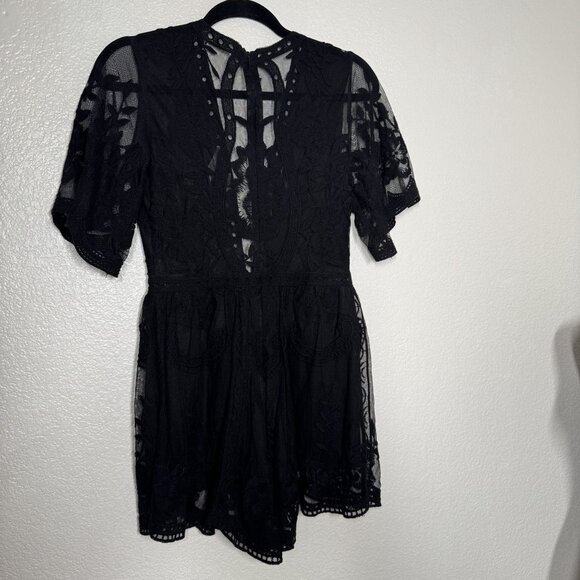 Black Lace Short-Sleeve Romper With Sheer Details & Intricate Embroidery Polyest - Picture 3 of 6